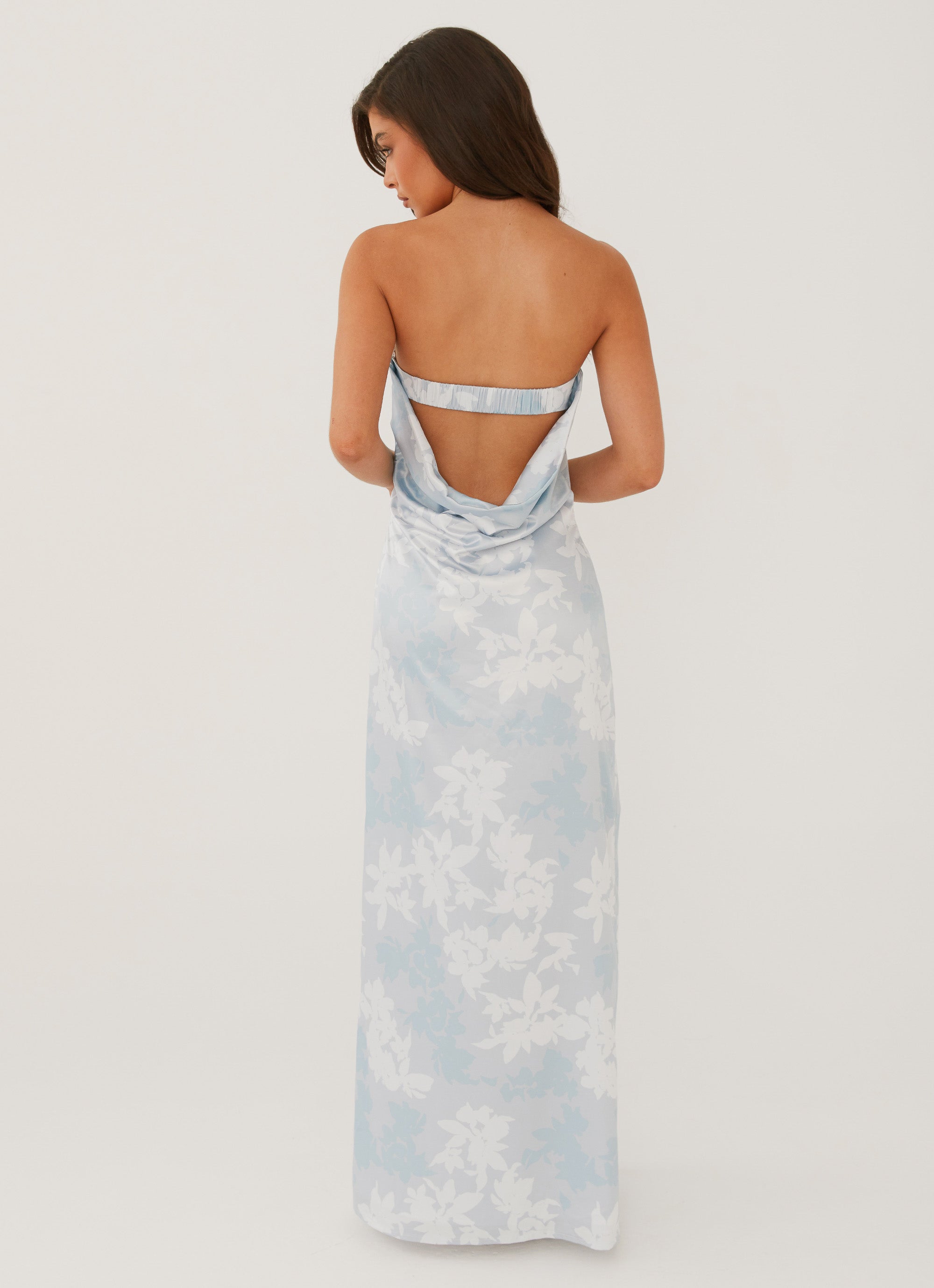 Womens Love Me More Maxi Dress in the colour Blue Blossom in front of a light grey background