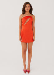 Womens Nevara One Shoulder Mini Dress in the colour Sunset in front of a light grey background