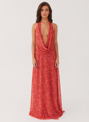 Womens Elysia Chiffon Maxi Dress in the colour Red Dahlia in front of a light grey background