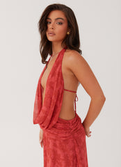 Womens Elysia Chiffon Maxi Dress in the colour Red Dahlia in front of a light grey background