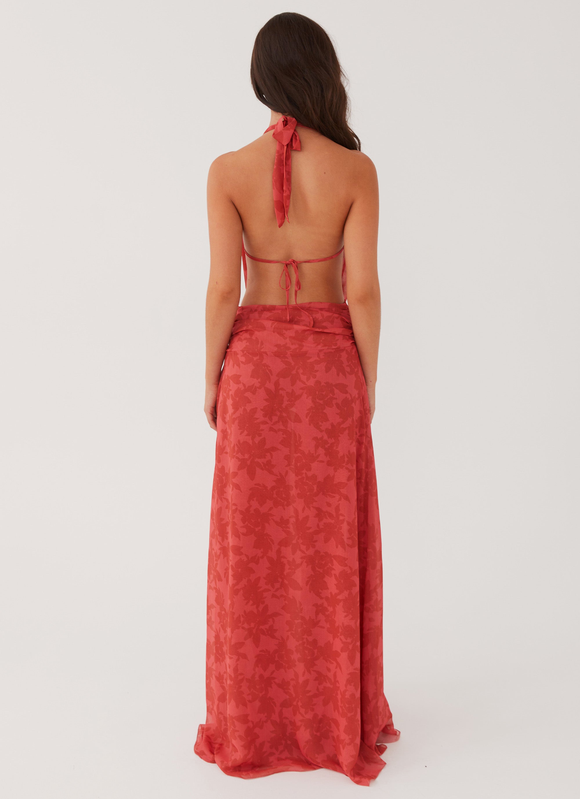 Womens Elysia Chiffon Maxi Dress in the colour Red Dahlia in front of a light grey background