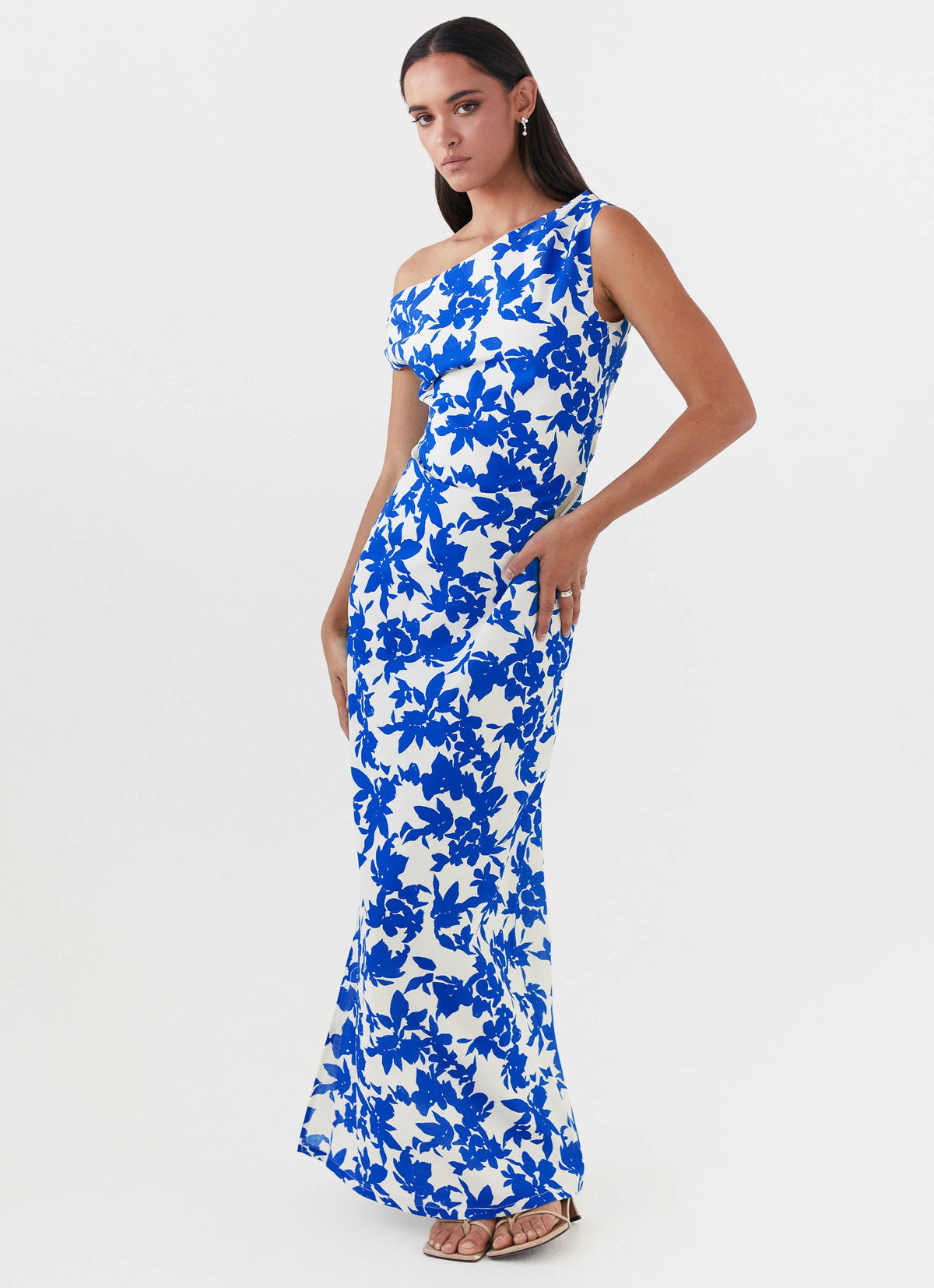 Womens Pyper Off Shoulder Maxi Dress in the colour Blue Floral in front of a light grey background