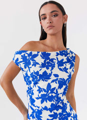 Womens Pyper Off Shoulder Maxi Dress in the colour Blue Floral in front of a light grey background