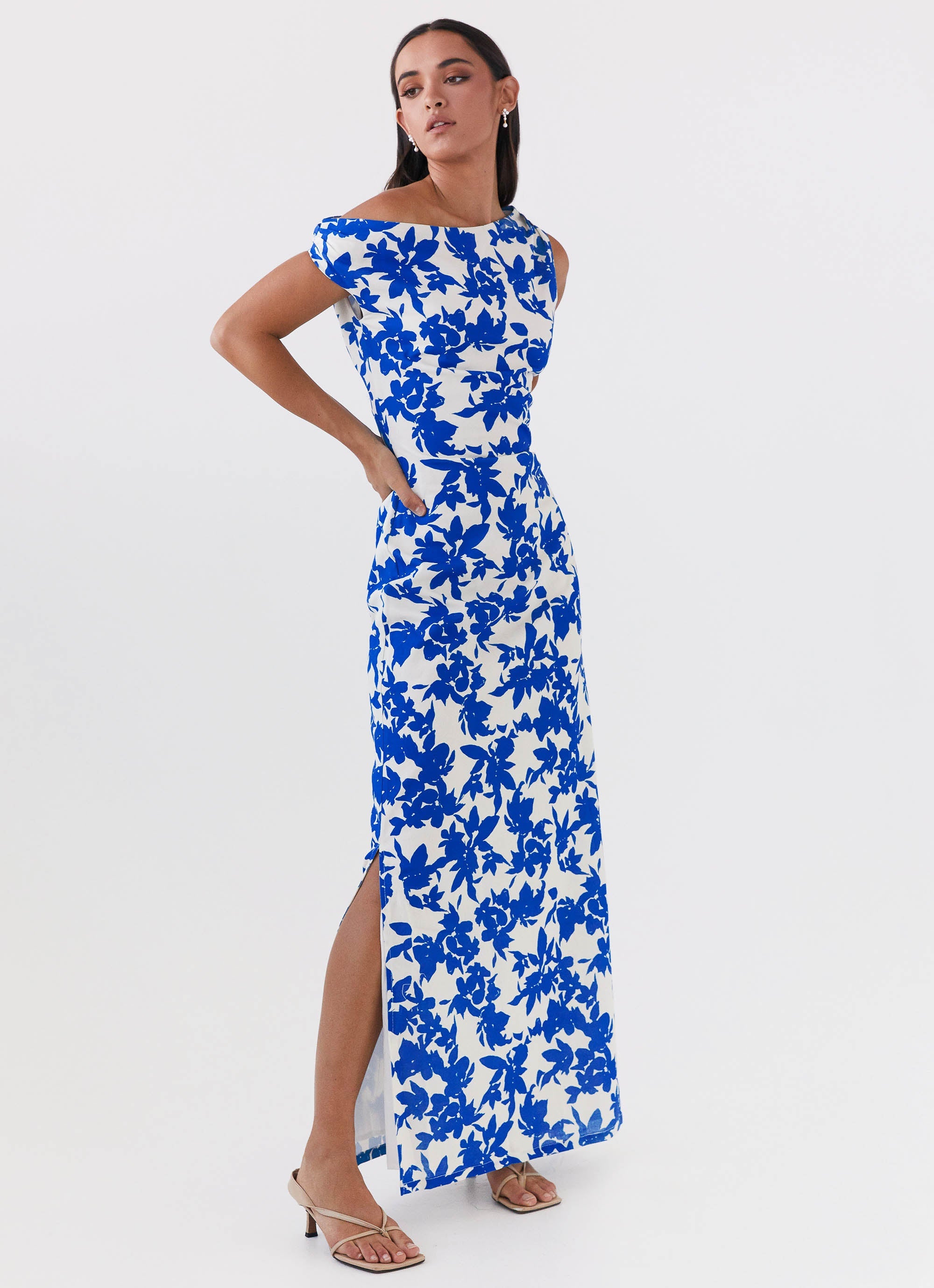 Womens Pyper Off Shoulder Maxi Dress in the colour Blue Floral in front of a light grey background
