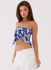 Womens Chelsea Scarf Top in the colour Blue Floral in front of a light grey background