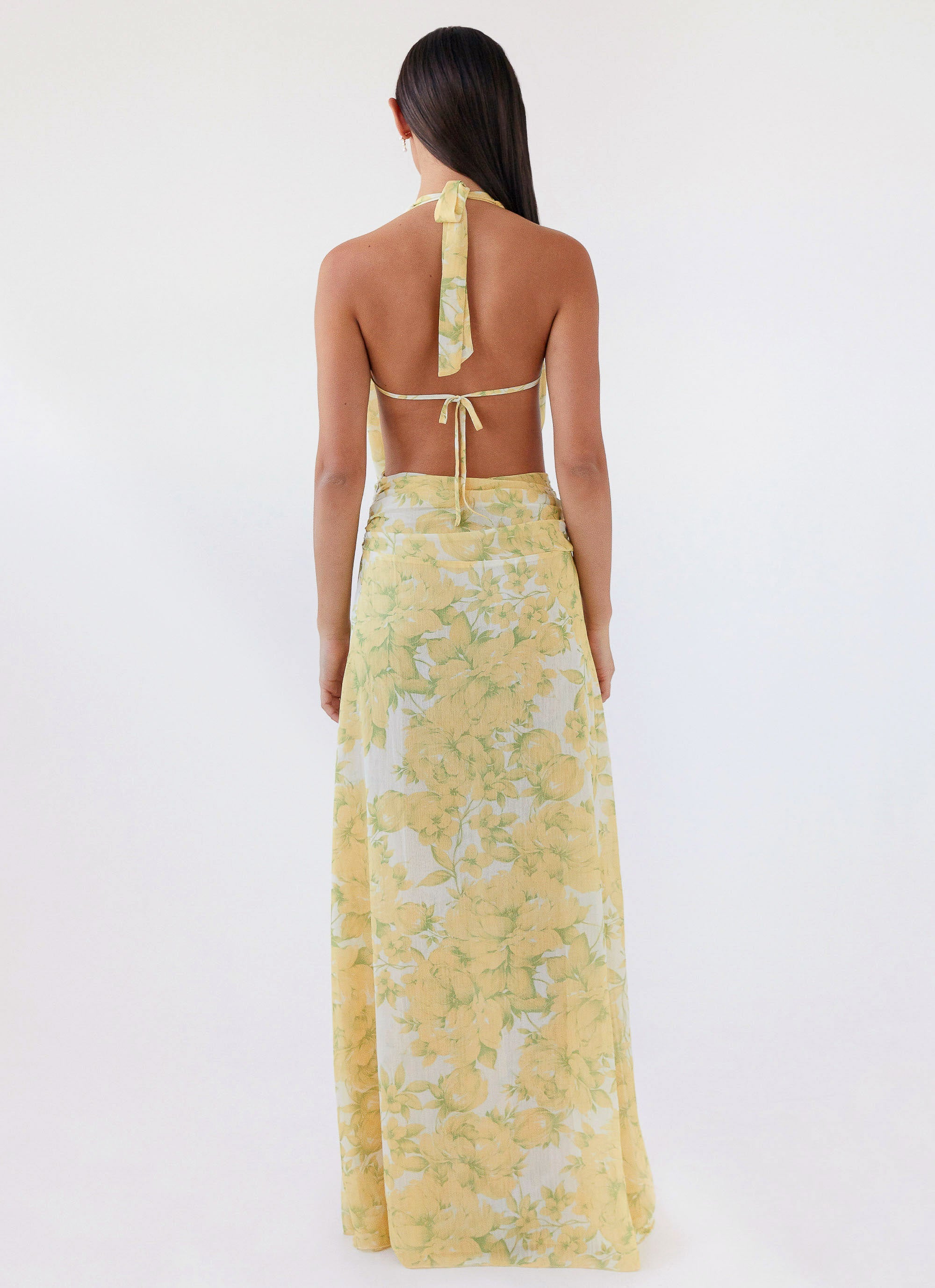 Womens Elysia Chiffon Maxi Dress in the colour Daffodil in front of a light grey background