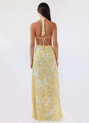 Womens Elysia Chiffon Maxi Dress in the colour Daffodil in front of a light grey background