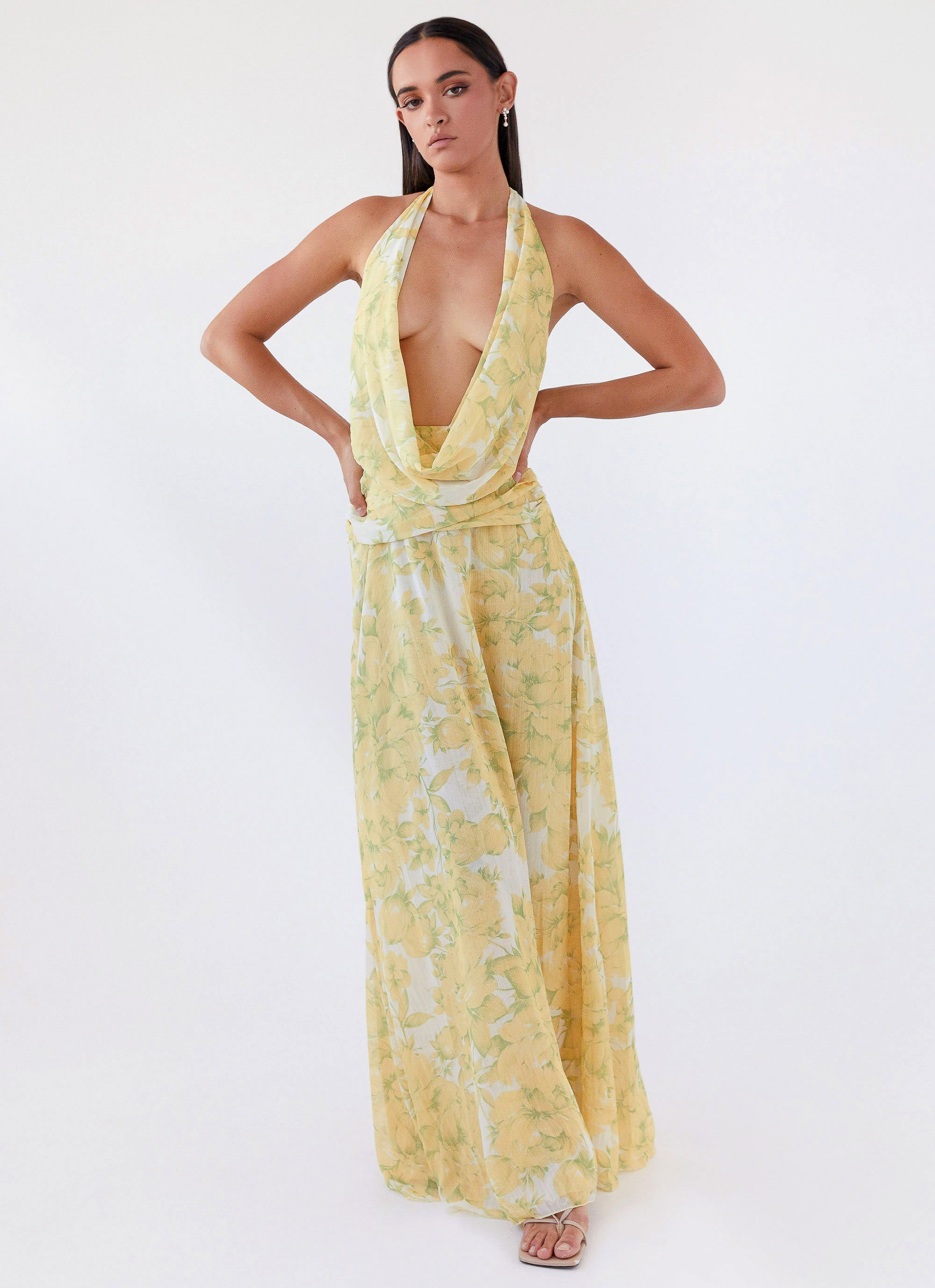 Womens Elysia Chiffon Maxi Dress in the colour Daffodil in front of a light grey background