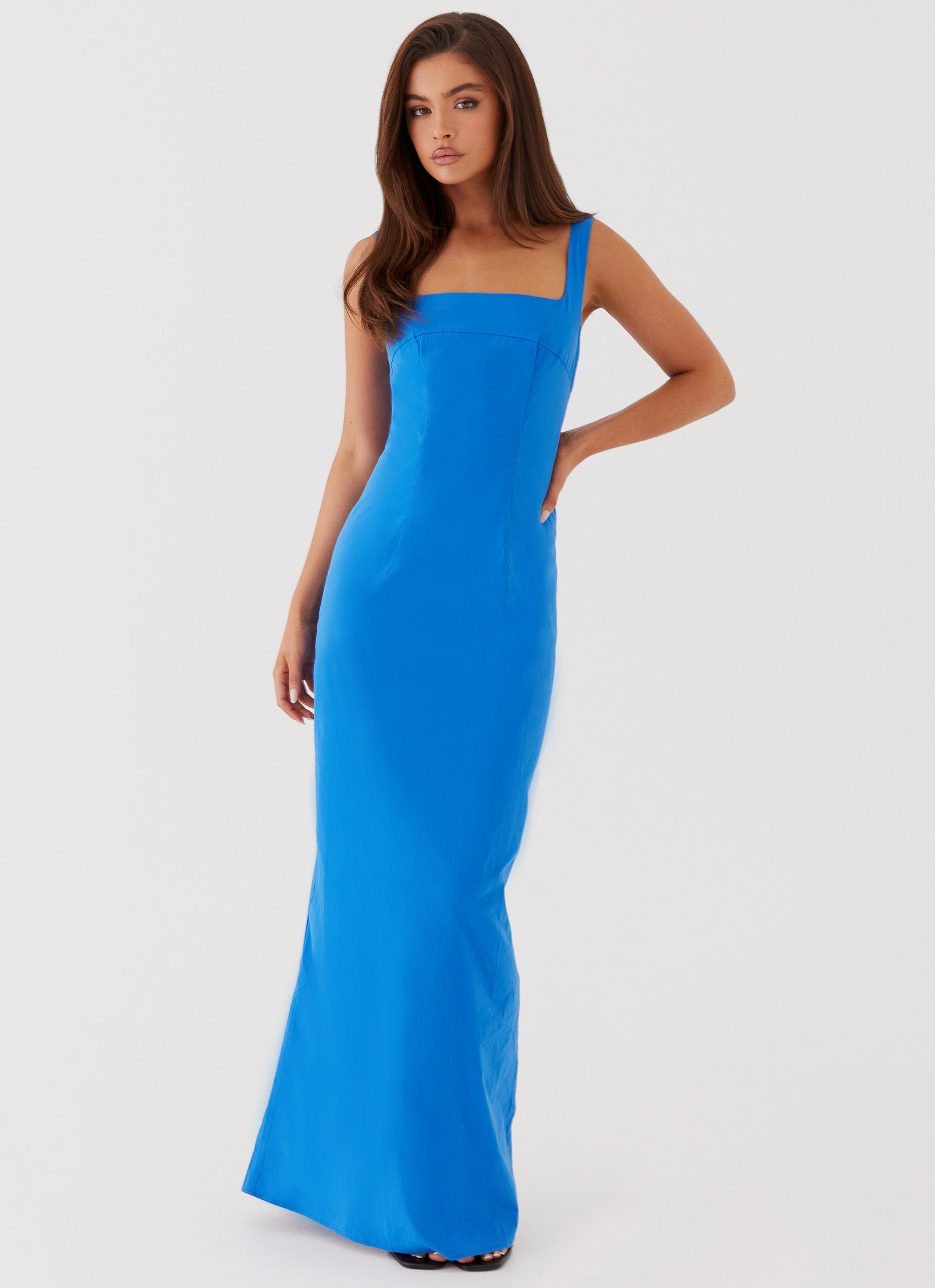 Womens Sonya Square Neck Maxi Dress in the colour Cobalt in front of a light grey background
