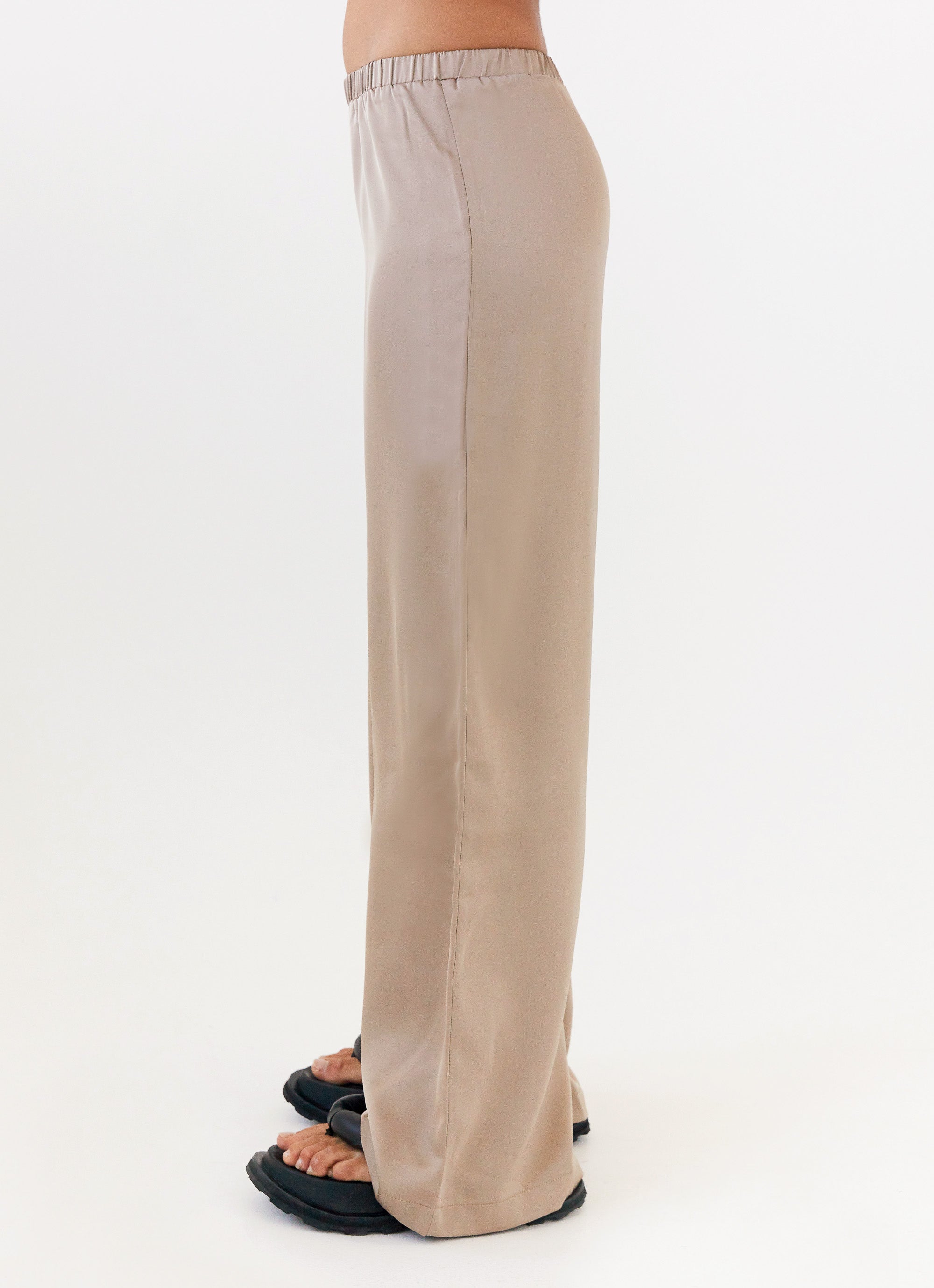 Womens Palm Cove Satin Pants in the colour Mushroom in front of a light grey background