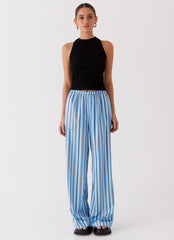 Womens Salta Satin Pants in the colour Blue Stripe in front of a light grey background