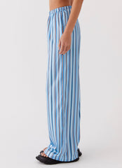 Womens Salta Satin Pants in the colour Blue Stripe in front of a light grey background