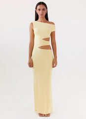 Womens Margot One Shoulder Maxi Dress in the colour Yellow in front of a light grey background