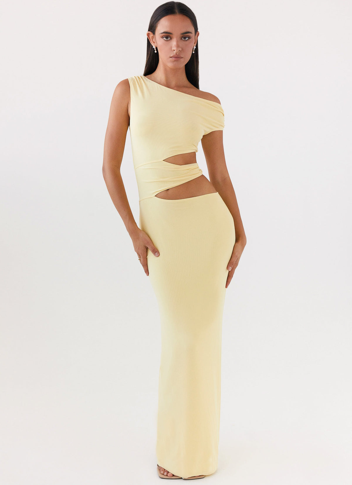 Womens Margot One Shoulder Maxi Dress in the colour Yellow in front of a light grey background
