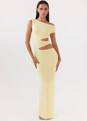 Womens Margot One Shoulder Maxi Dress in the colour Yellow in front of a light grey background