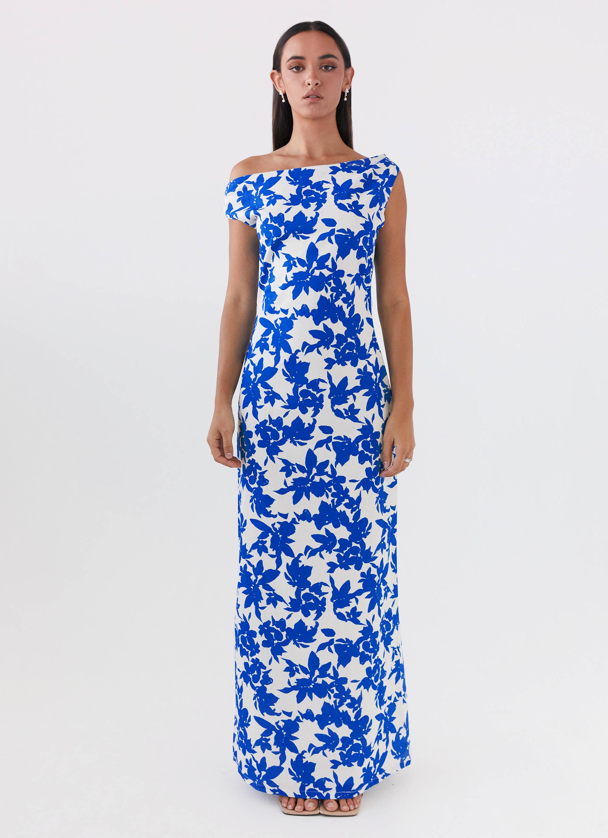 Womens Pyper Off Shoulder Maxi Dress in the colour Blue Floral in front of a light grey background
