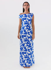 Womens Pyper Off Shoulder Maxi Dress in the colour Blue Floral in front of a light grey background