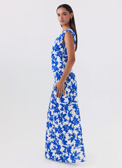 Womens Pyper Off Shoulder Maxi Dress in the colour Blue Floral in front of a light grey background