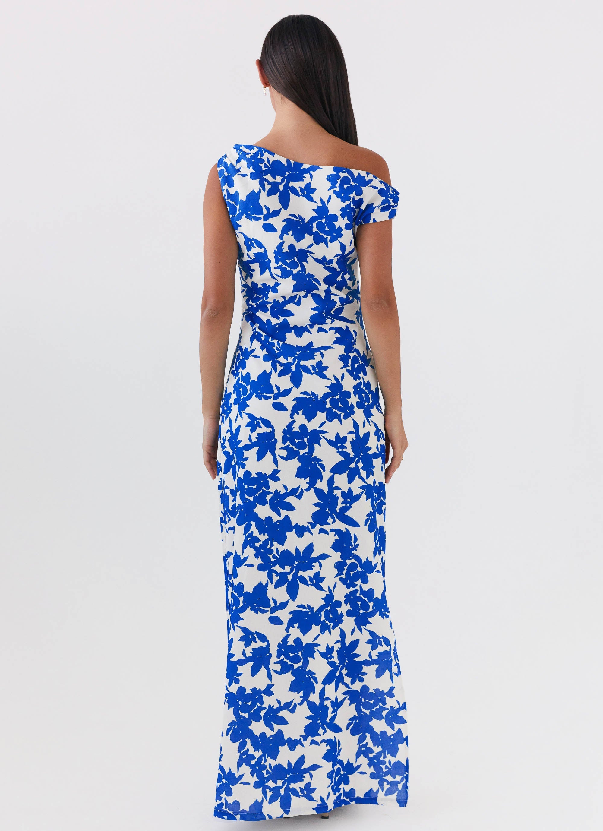 Womens Pyper Off Shoulder Maxi Dress in the colour Blue Floral in front of a light grey background