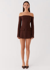 Womens Dominique Blazer Mini Dress in the colour Chocolate in front of a light grey background