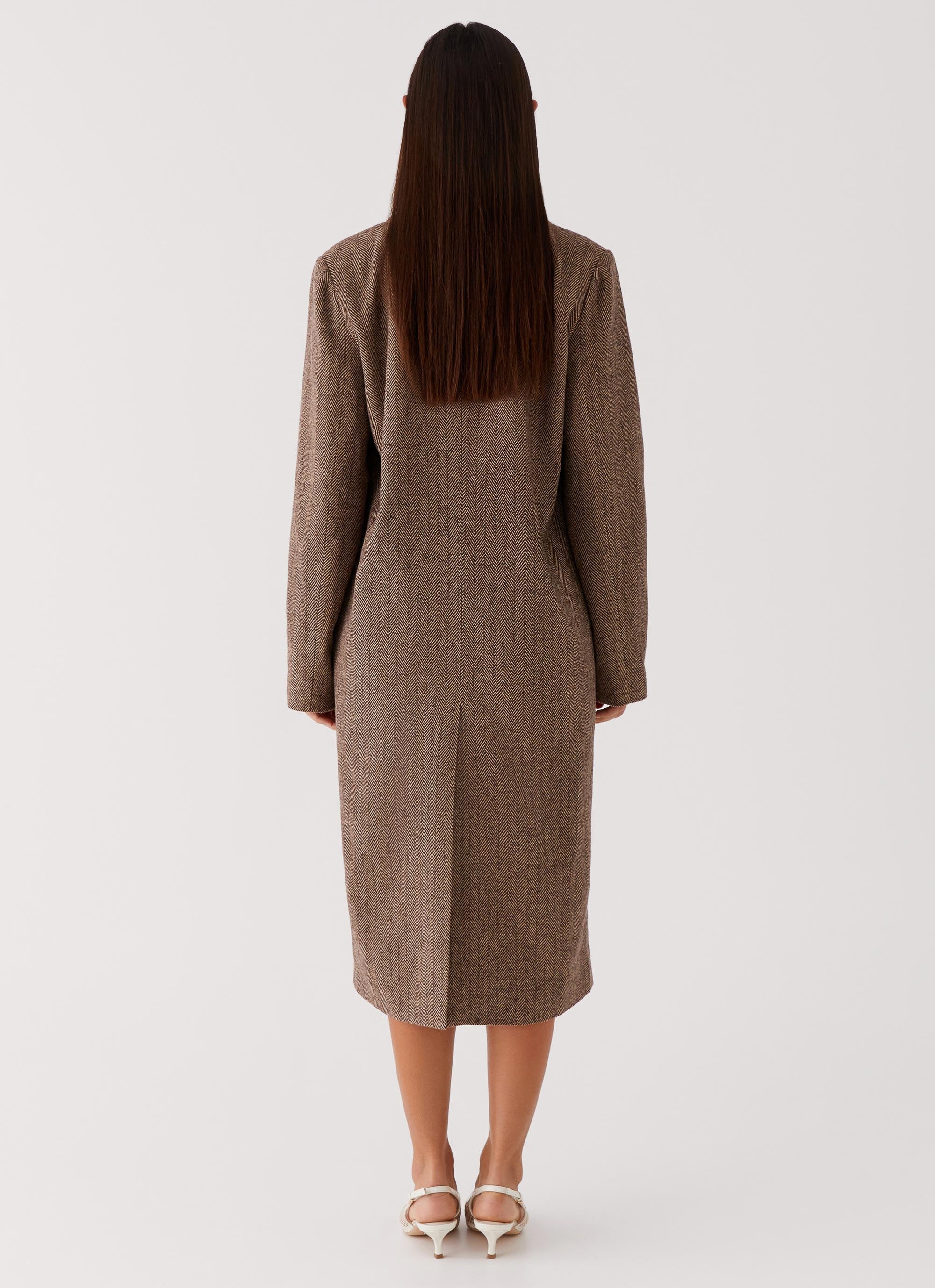 Womens Since Way Back Longline Coat in the colour Brown in front of a light grey background