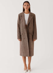 Womens Since Way Back Longline Coat in the colour Brown in front of a light grey background