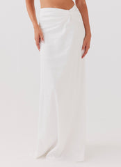 Womens Crescent Light Twist Maxi Skirt in the colour Ivory in front of a light grey background