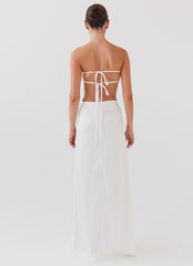 Womens Crescent Light Twist Maxi Skirt in the colour Ivory in front of a light grey background