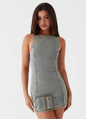 Womens Dark Matter Mini Dress in the colour Washed Denim in front of a light grey background