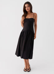 Womens Yvette Corset Midi Dress in the colour Black in front of a light grey background