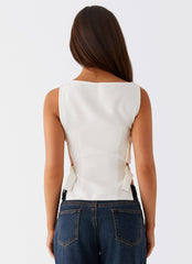 Womens Cherish You Buckle Top in the colour White in front of a light grey background