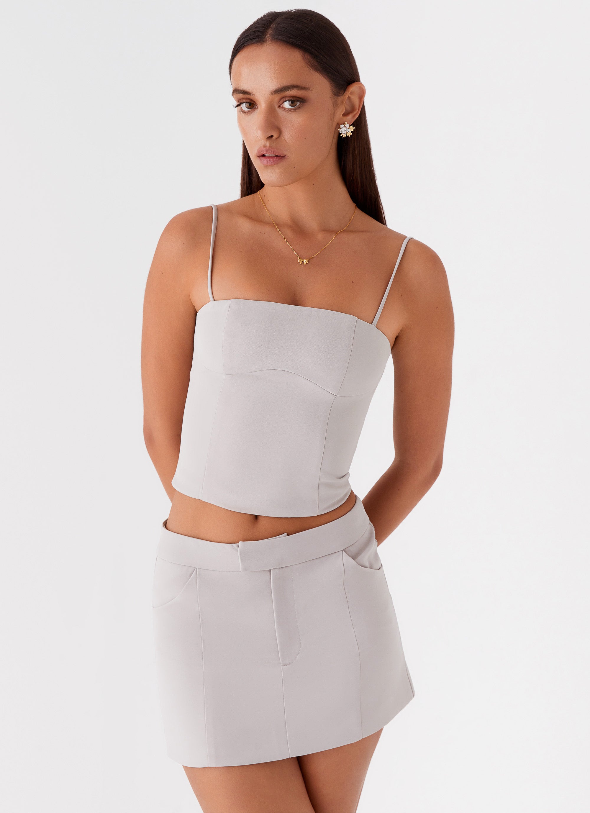 Womens Eliana Suit Mini Skirt in the colour Grey in front of a light grey background