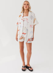 Womens Sweet Relief Oversized Linen Shirt in the colour Banchetto in front of a light grey background