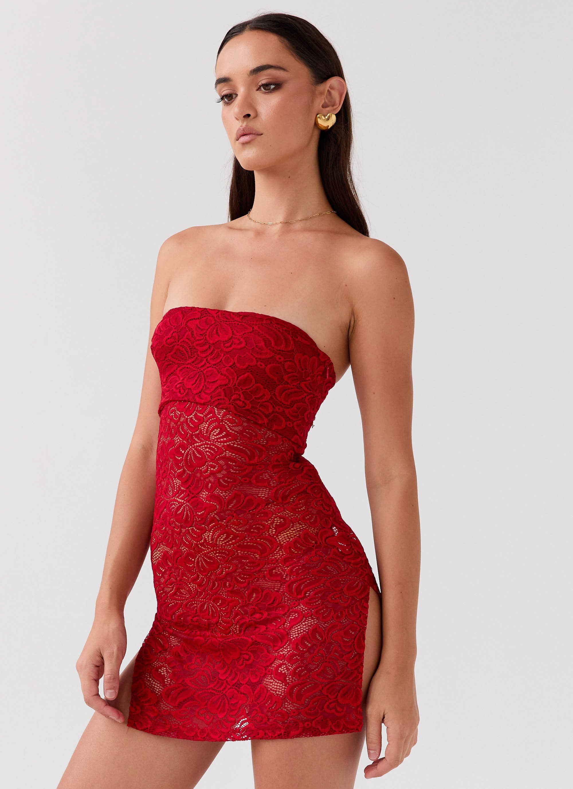Womens Delilah Lace Tube Dress in the colour Red Rose in front of a light grey background