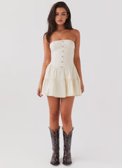 Womens Adriana Denim Bustier Dress in the colour Antique in front of a light grey background