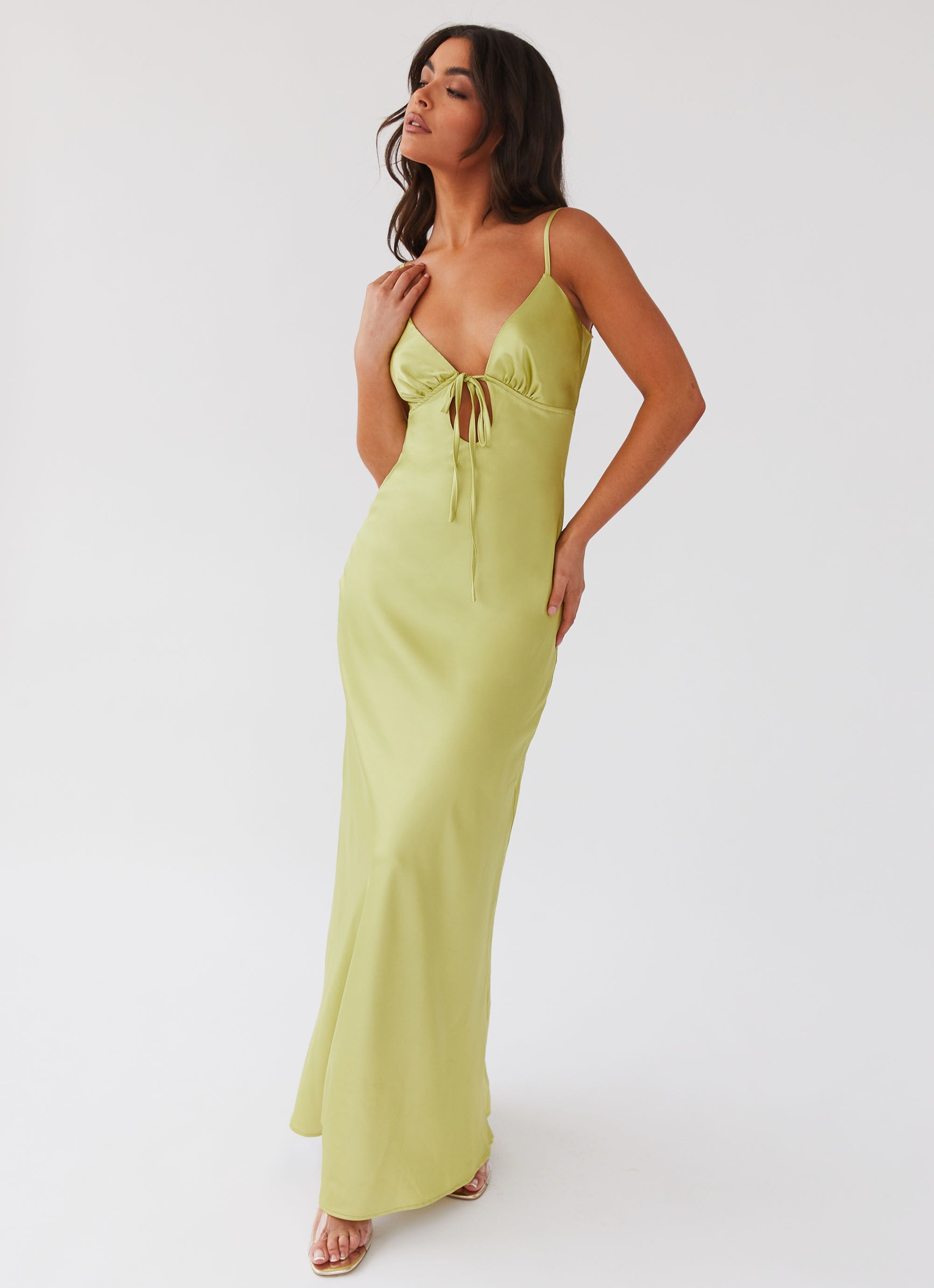 Womens Flora Satin Maxi Dress in the colour Green Expectations in front of a light grey background