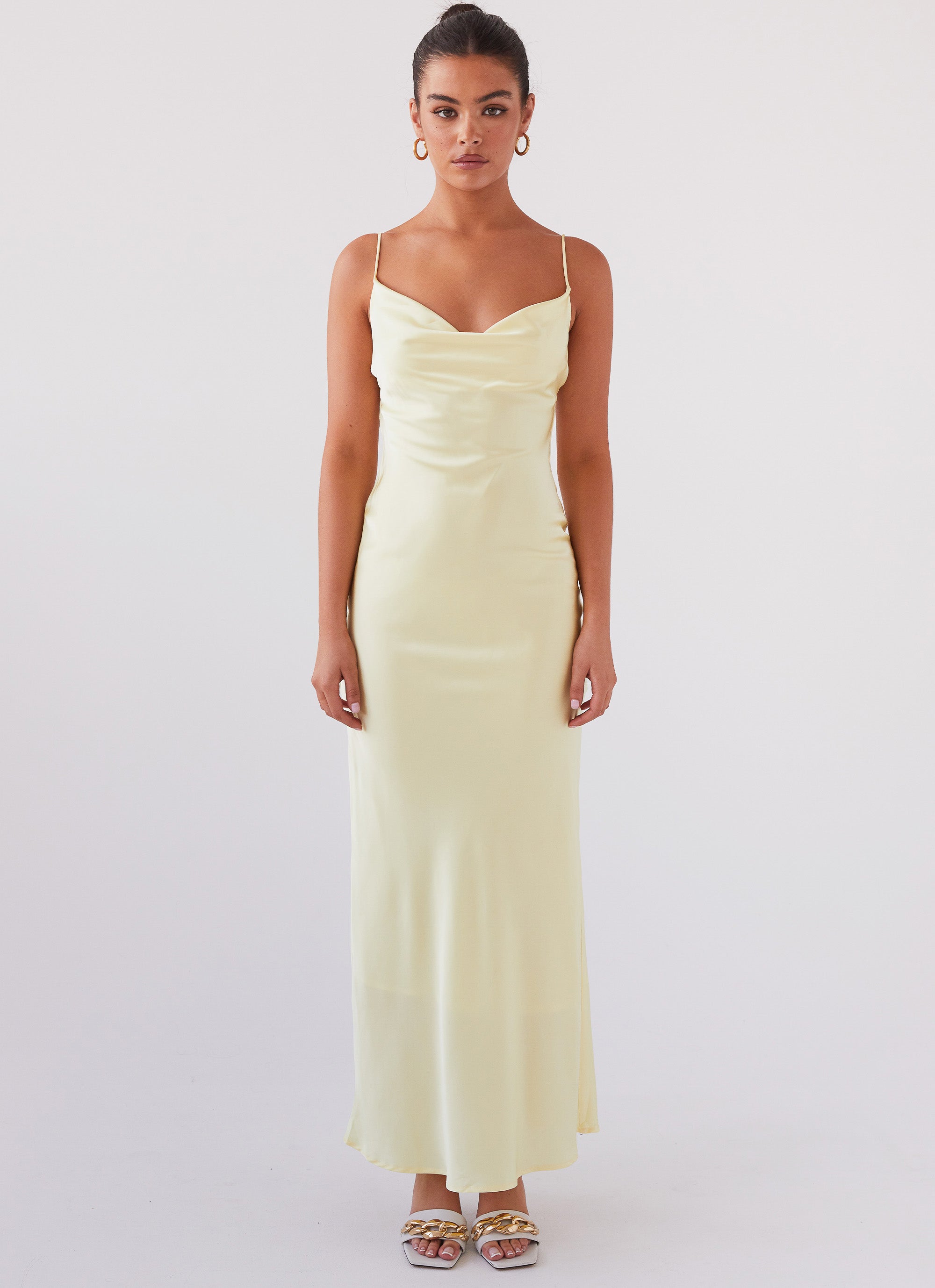 Womens Joanna Satin Maxi Dress in the colour Lemon in front of a light grey background