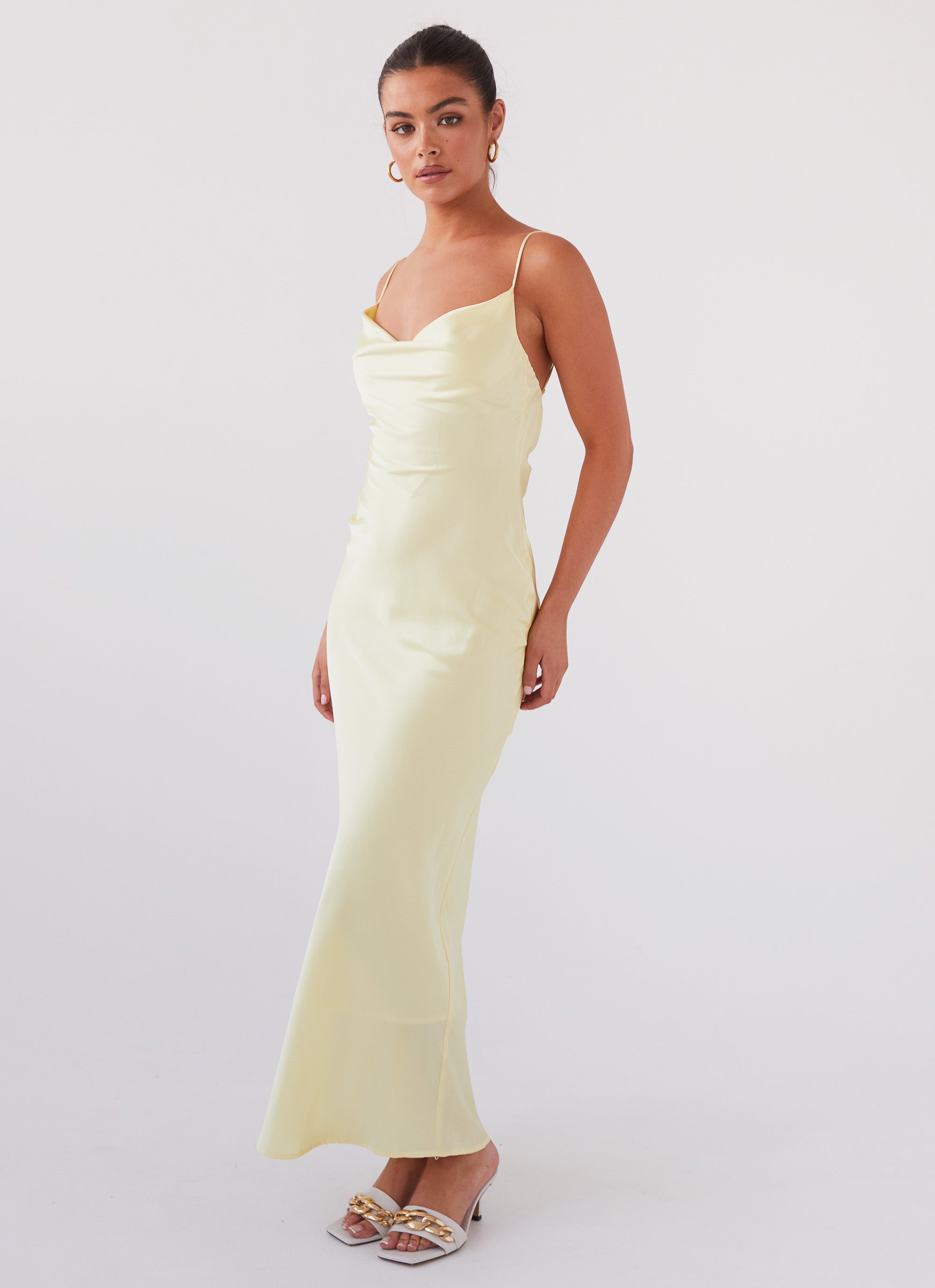 Womens Joanna Satin Maxi Dress in the colour Lemon in front of a light grey background