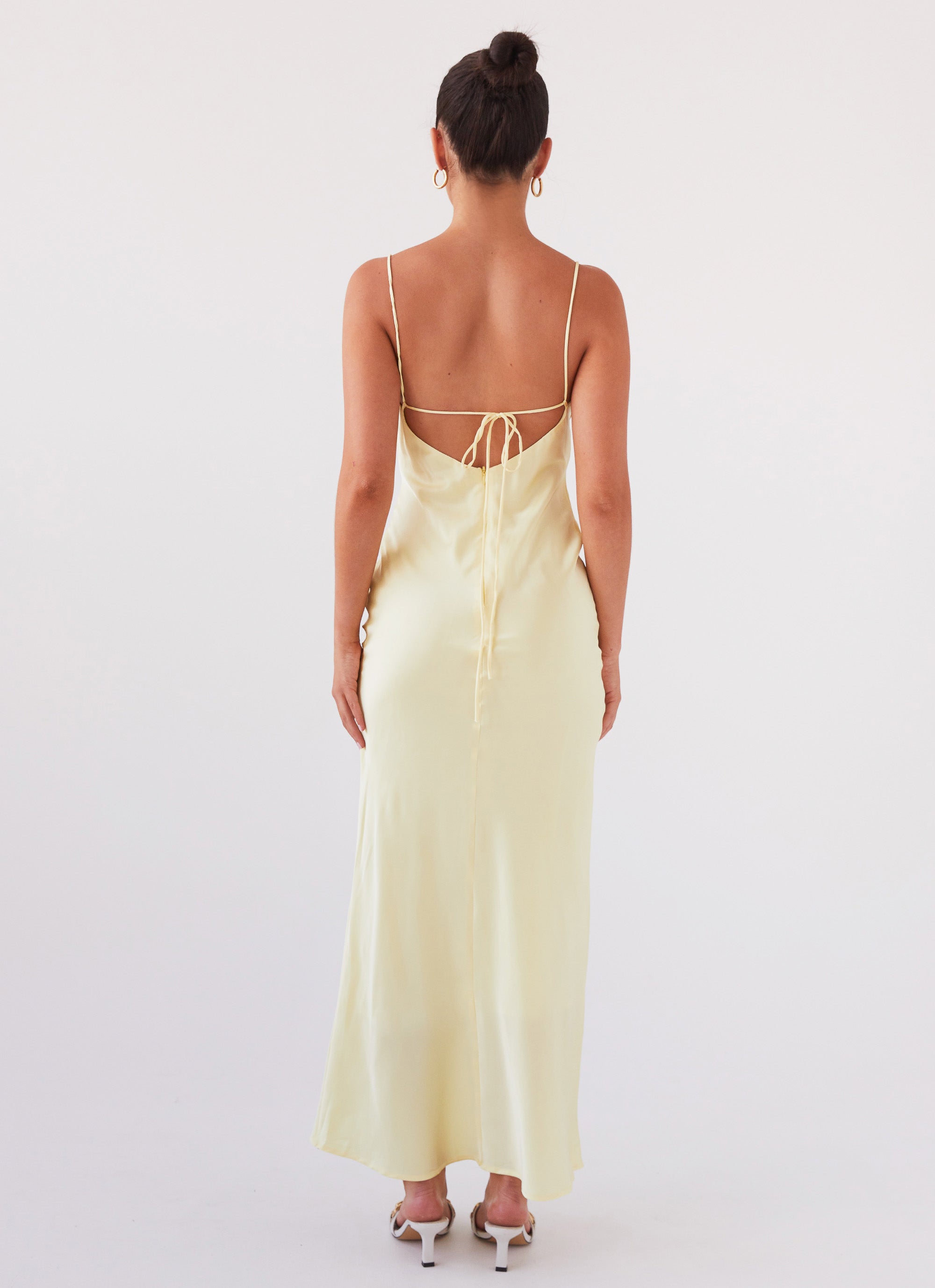 Womens Joanna Satin Maxi Dress in the colour Lemon in front of a light grey background