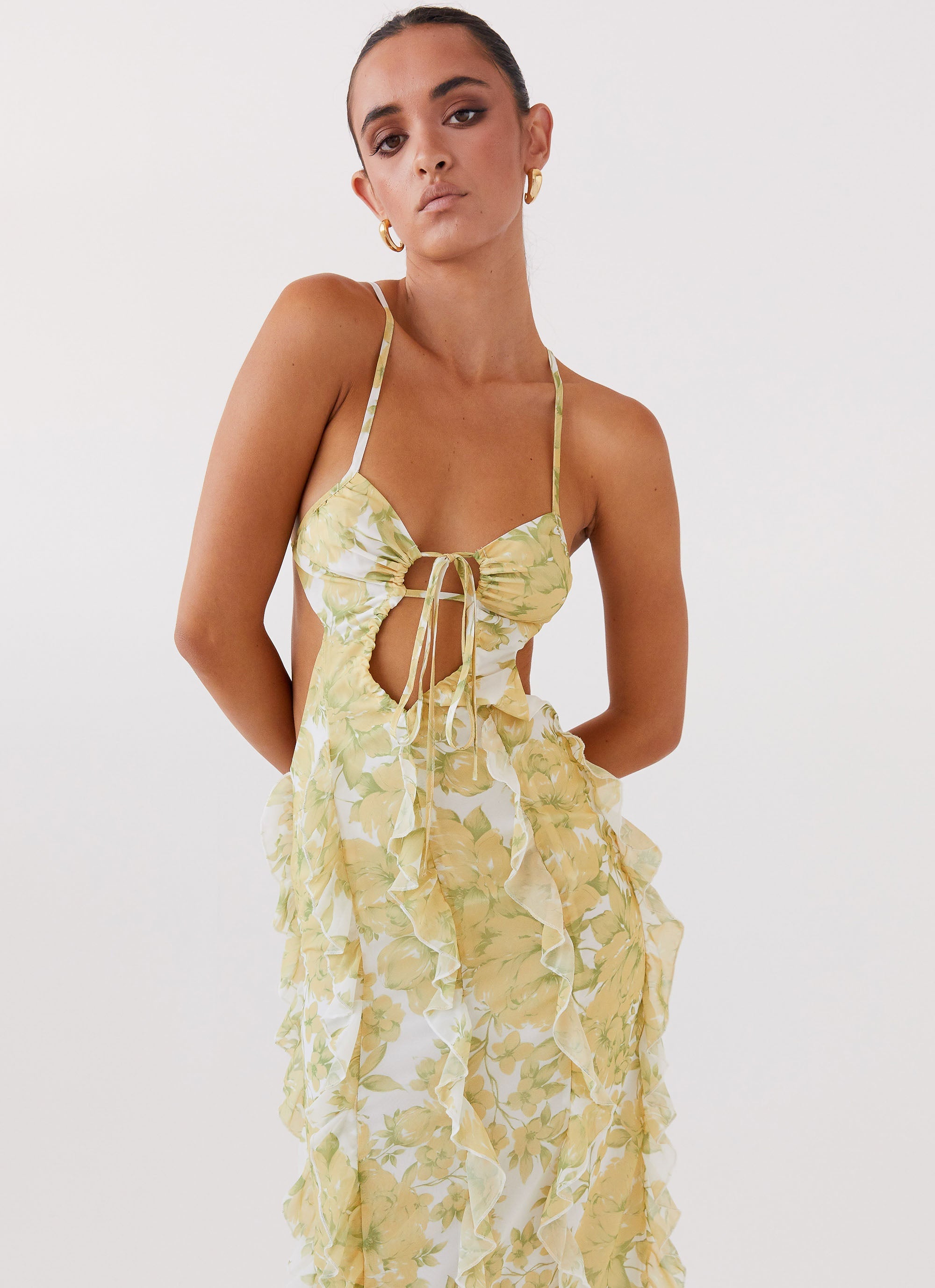 Womens Sunset Kisses Ruffle Maxi Dress in the colour Daffodil in front of a light grey background