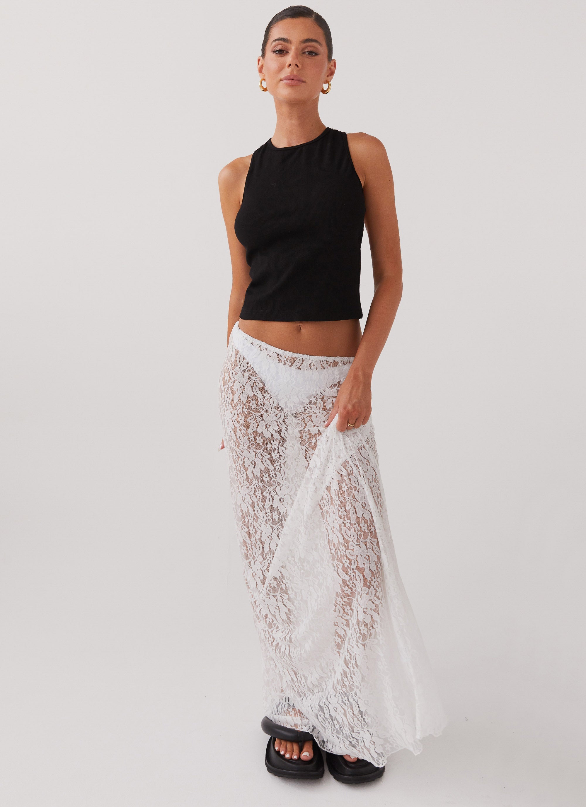 Womens Sugar Sweet Lace Maxi Skirt in the colour White in front of a light grey background