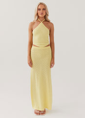 Womens Amanza Knit Maxi Skirt in the colour Lemon in front of a light grey background