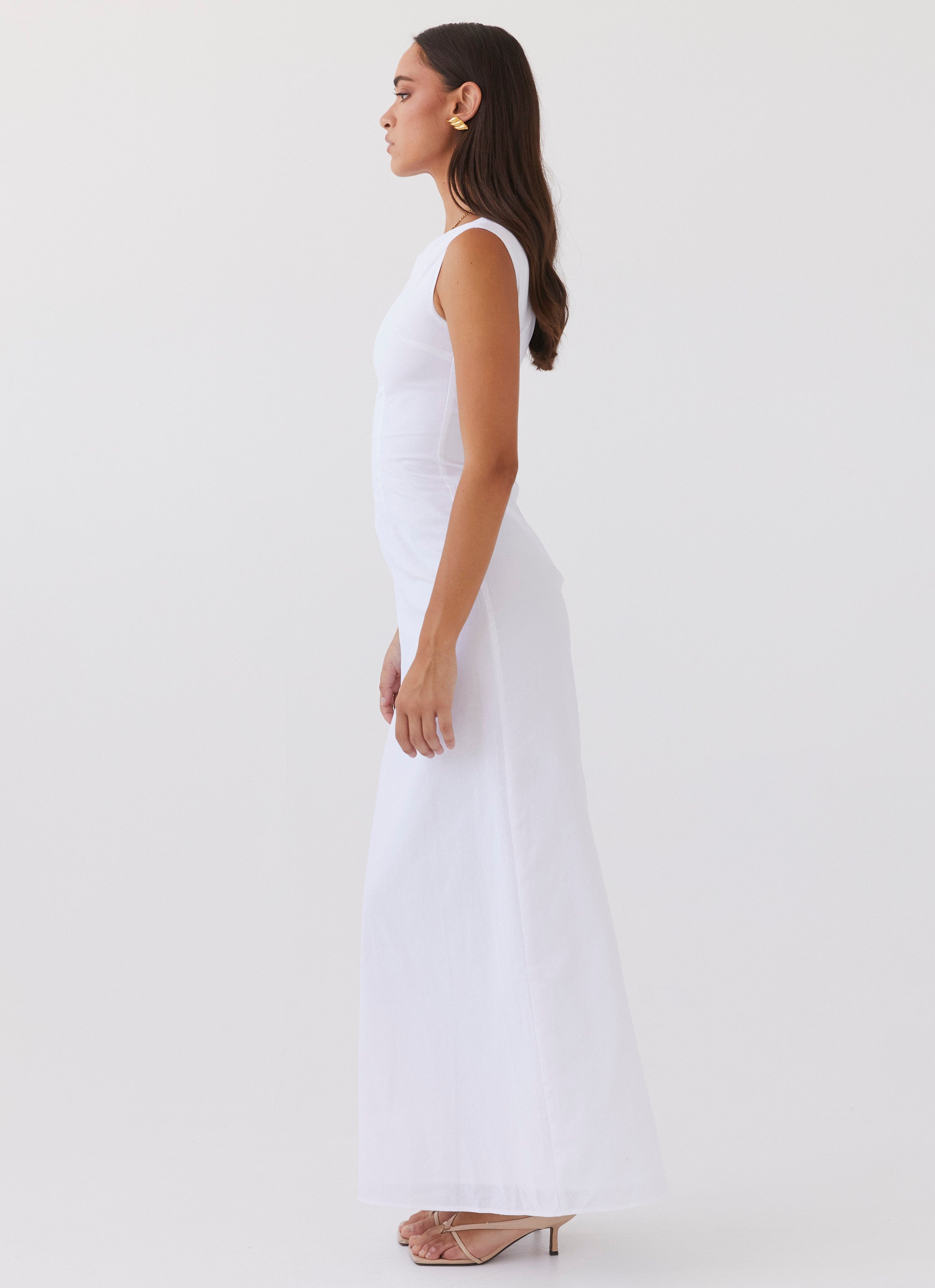 Womens Eloise High Neck Maxi Dress in the colour White in front of a light grey background