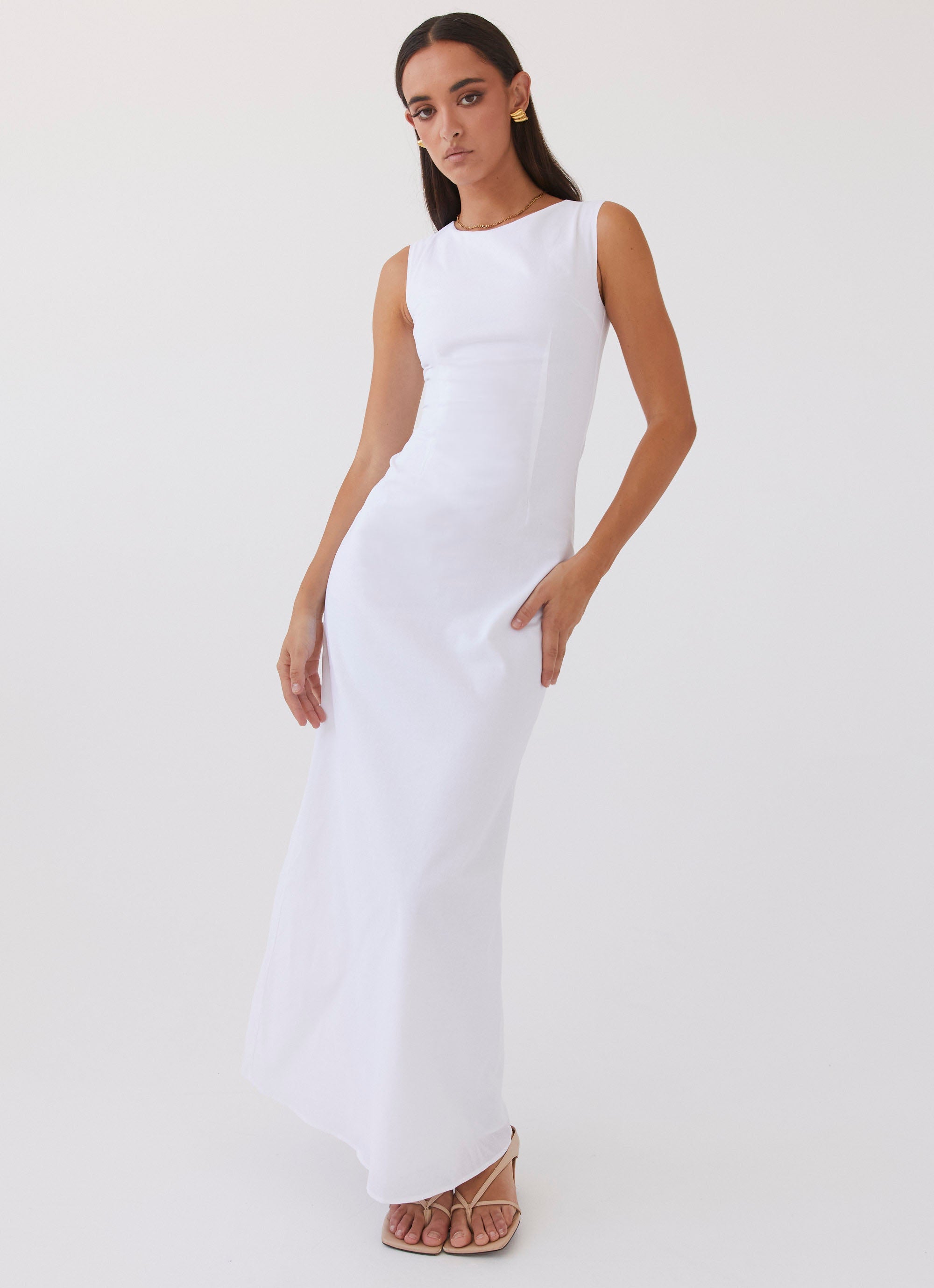 Womens Eloise High Neck Maxi Dress in the colour White in front of a light grey background
