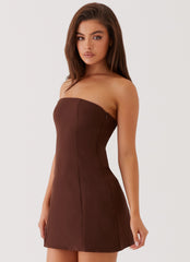 Womens Ayanna Strapless Mini Dress in the colour Chocolate in front of a light grey background