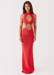 Womens Caicos Crochet Maxi Dress in the colour Red in front of a light grey background