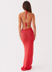 Womens Caicos Crochet Maxi Dress in the colour Red in front of a light grey background