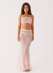 Womens Evissa Crochet Strapless Crop Top in the colour Pink in front of a light grey background