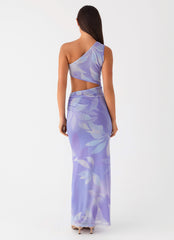 Womens Shadows In The Sun Mesh Maxi Dress in the colour Purple Rain in front of a light grey background