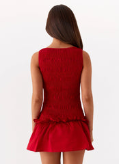 Womens Garden Kiss Mini Dress in the colour Red in front of a light grey background